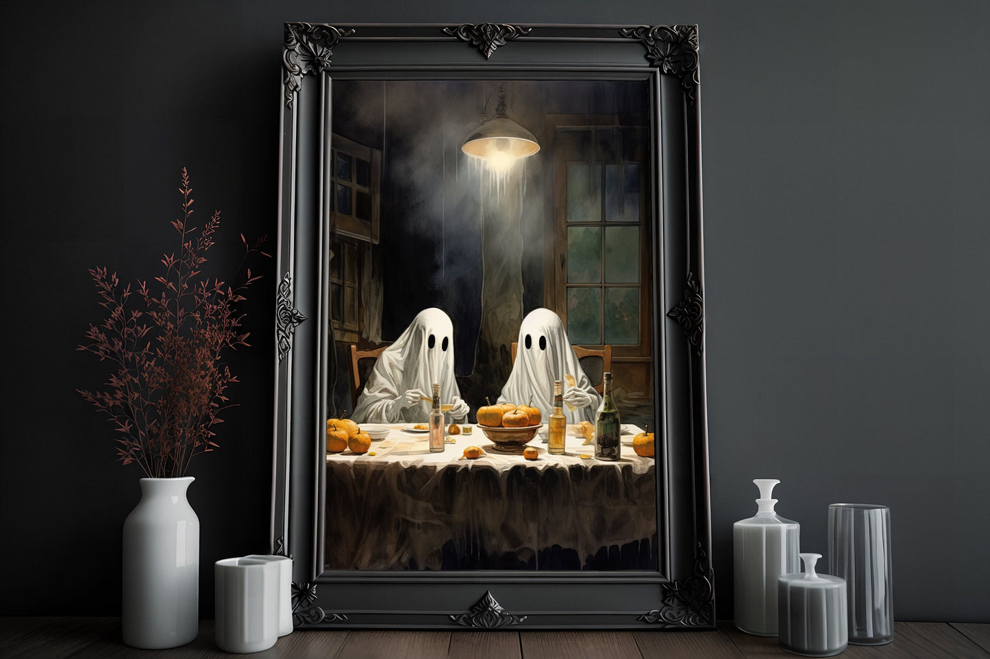 Ghost Eating Dinner Poster, Dark Ghost Party Romantic Creepy, Horror Spooky Cute, Wall Art Halloween Poster