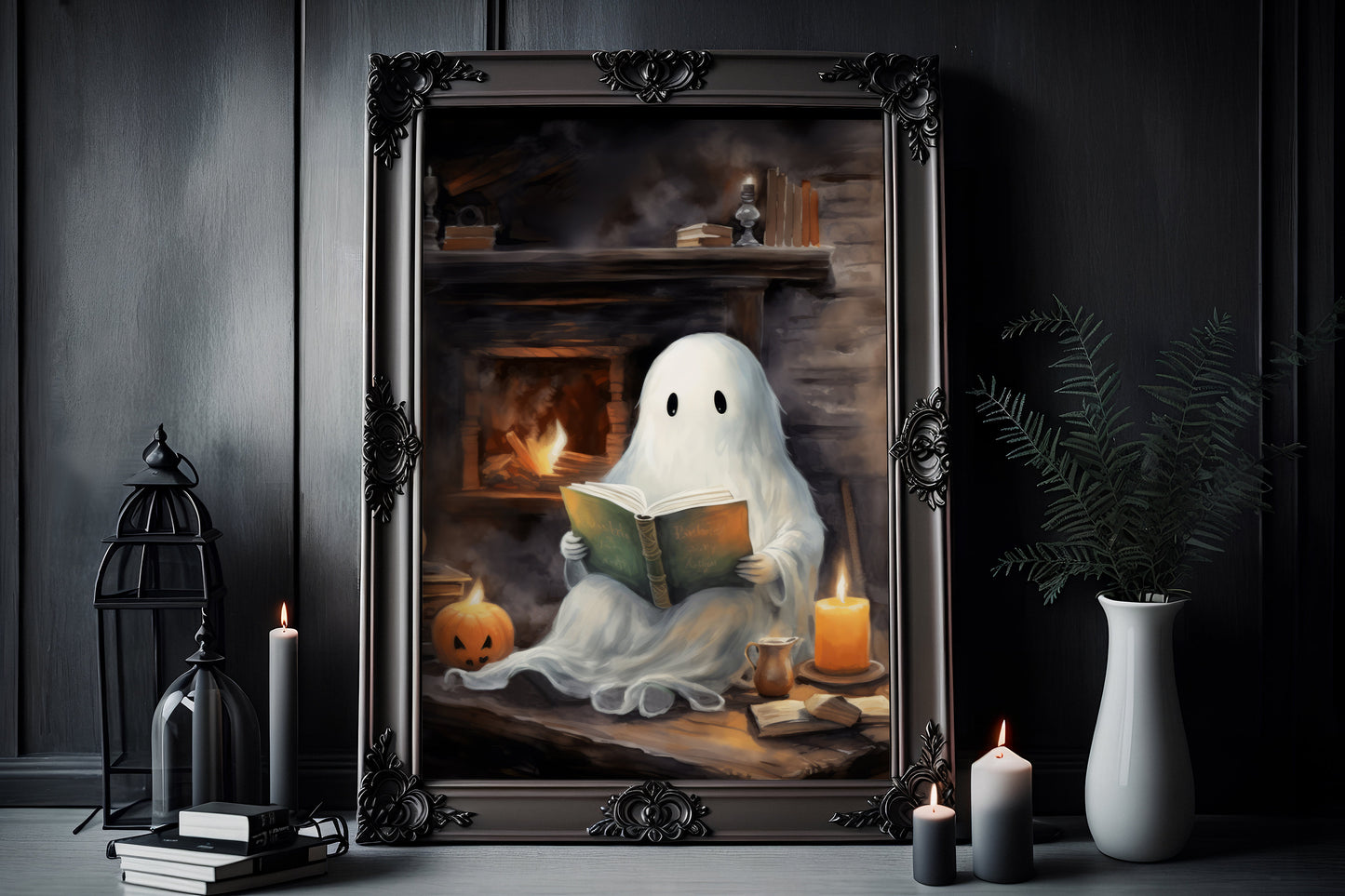 Cute Ghost Is Reading A Book By The Fireplace Poster, Dark Romantic Ghost Book Creepy, Horror Spooky Cute, Wall Art Halloween Poster