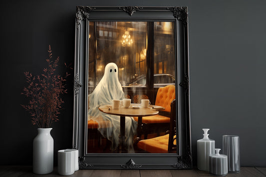 Ghost Relaxing In A Cosy Cafe Poster, Dark Romantic Ghost Relaxing Creepy, Horror Spooky Cute, Wall Art Halloween Poster