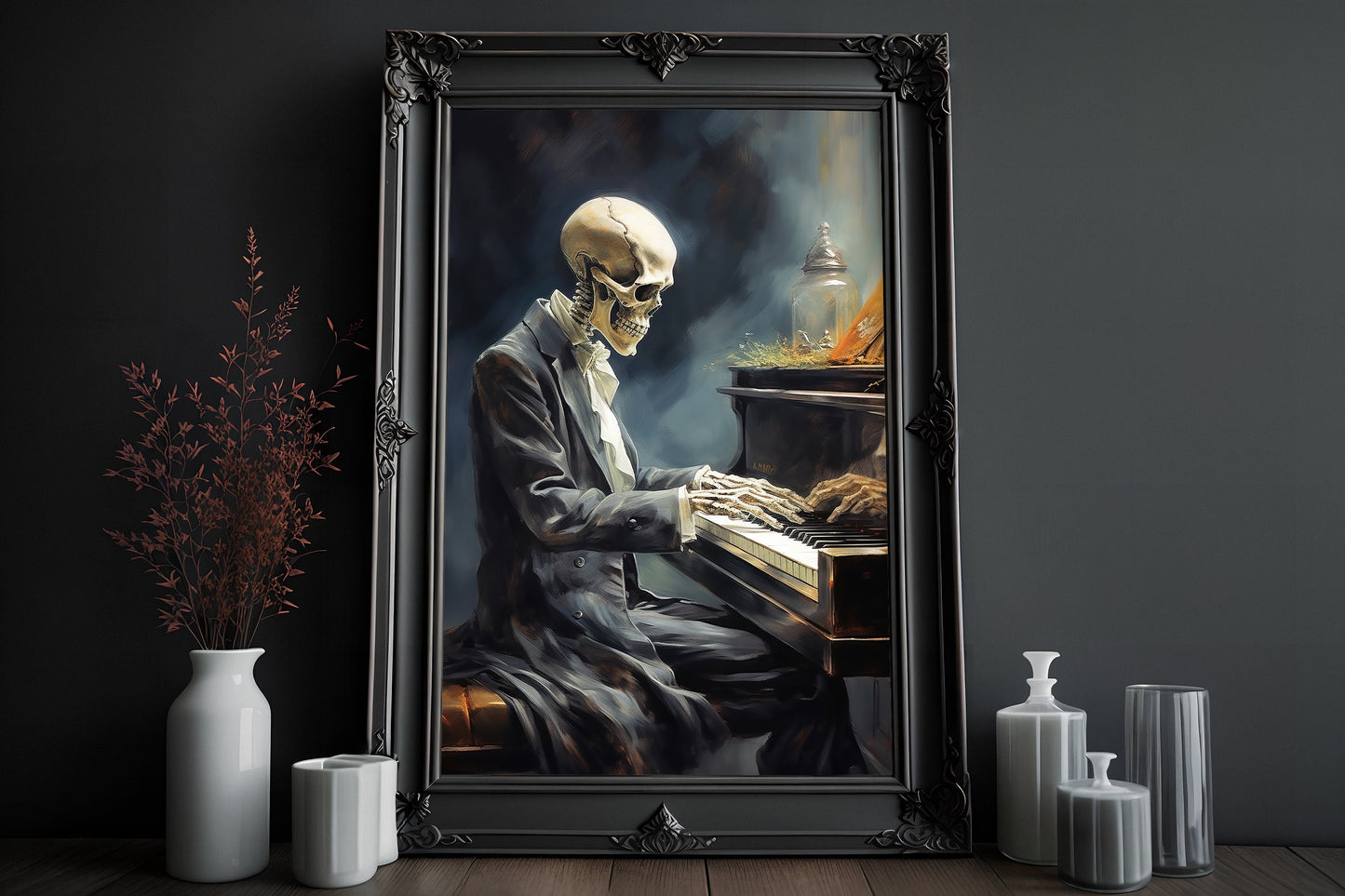 Skeleton Pianist Poster, Dark Romantic Creepy, Alt Wall Art Halloween Poster