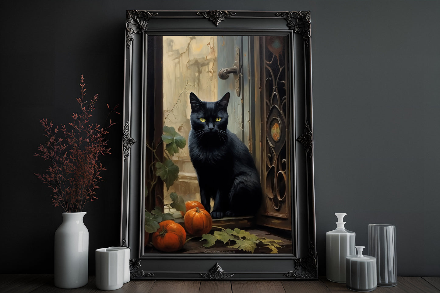 Black Cat In The Doorway Poster, Dark Romantic Creepy, Horror Spooky Cute, Wall Art Halloween Poster