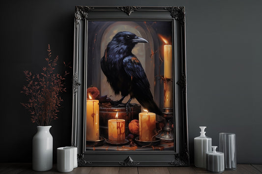 Raven With Candles Poster, Black Crow Dark Romantic Creepy, Spooky Cute, Wall Art Halloween Poster, Dark Academia, Gothic Victorian Crow