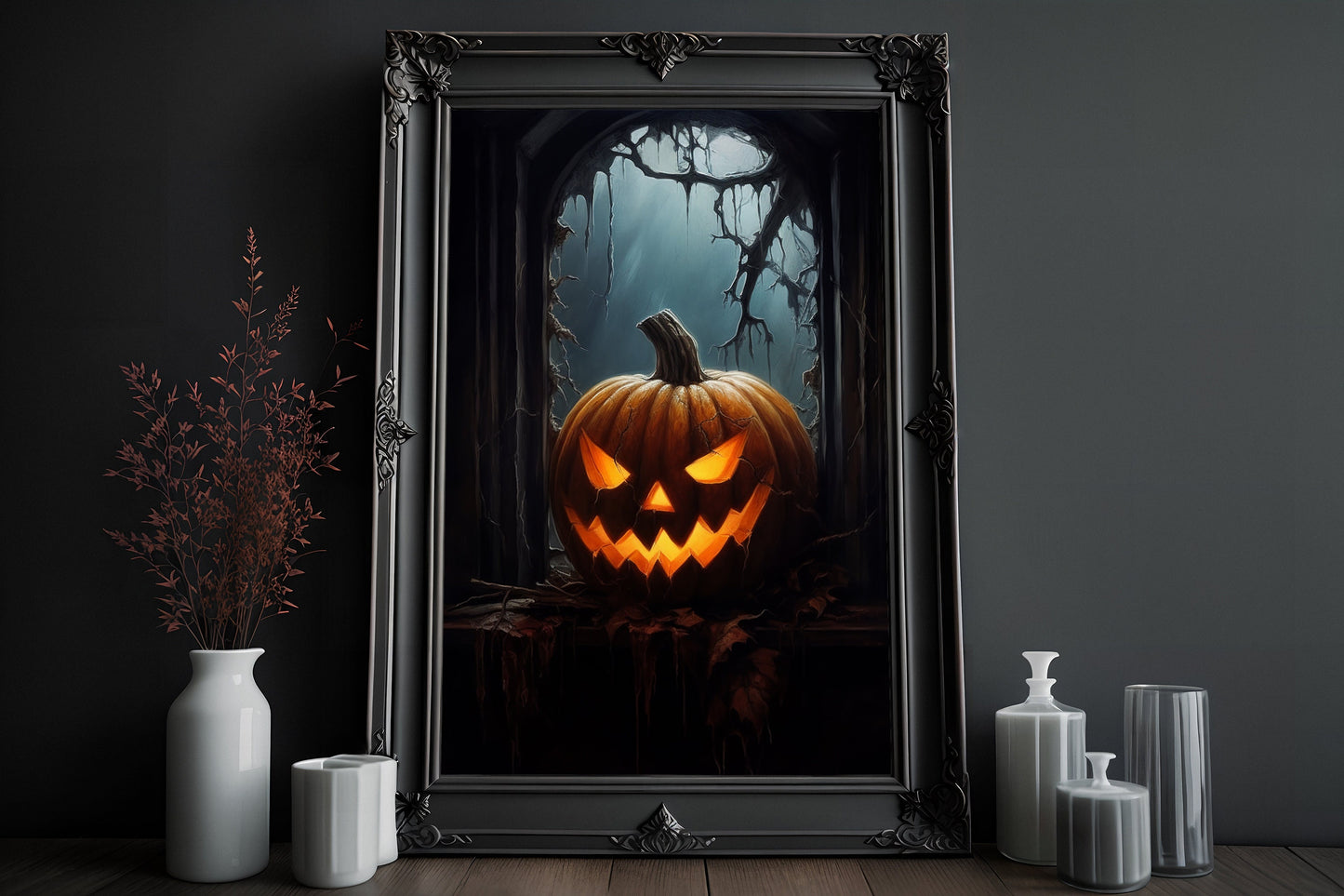 Jack O Lantern In The Window Poster, Dark Romantic Trick or Treat Creepy, Horror Spooky Cute, Wall Art Halloween Poster