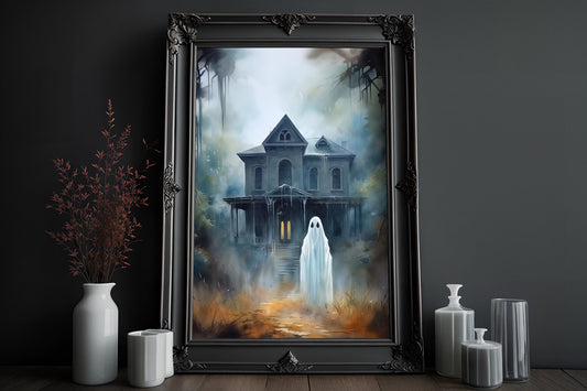 Ghost At The Mansion Poster, Dark Romantic Ghost Standing At The Mansion Creepy, Horror Spooky Cute, Wall Art Halloween Poster