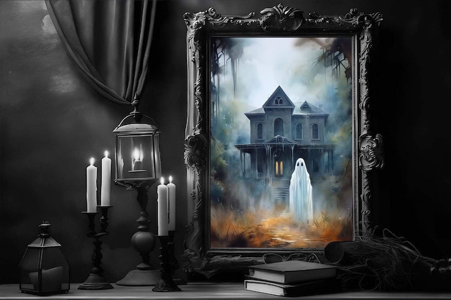 Ghost At The Mansion Poster, Dark Romantic Ghost Standing At The Mansion Creepy, Horror Spooky Cute, Wall Art Halloween Poster