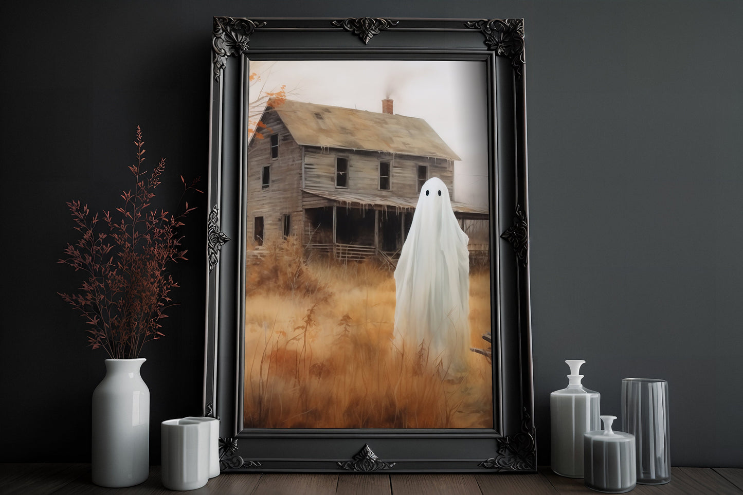 Farm House Ghost Poster, Dark Romantic Ghost Standing Farm House Ghost Creepy, Horror Spooky Cute, Wall Art Halloween Poster