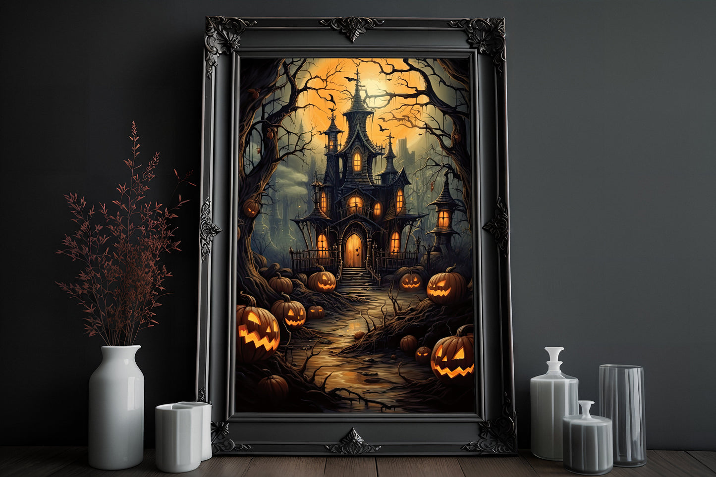 Pumpkin Haunted House Poster, Ghost Creepy, Dark Romantic, Horror Spooky Cute Wall Art Halloween Poster