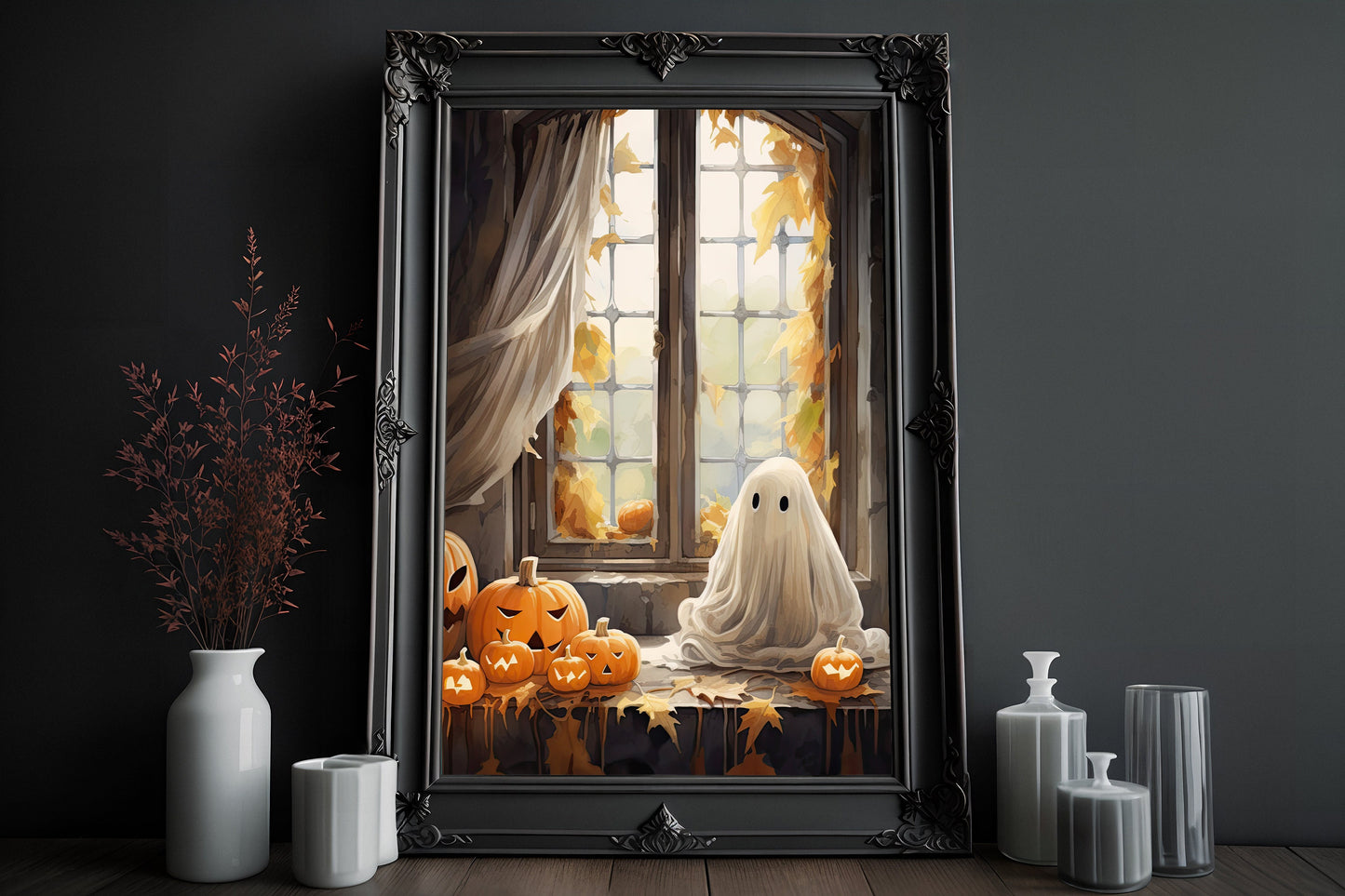 Ghost Cute In Window Poster, Dark Romantic Ghost Standing in Window Creepy, Horror Spooky Cute, Wall Art Halloween Poster