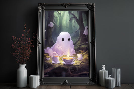 Cute Ghost Drinks Tea  In The Forest Poster, Dark Romantic Ghost Drinks Tea Creepy, Horror Spooky Cute, Wall Art Halloween Poster