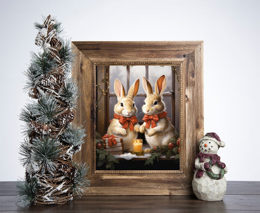 Rabbit In The Window Christmas Poster, Christmas Bunnies Art, Xmas Decor Poster, Vintage Xmas Holiday Art Print