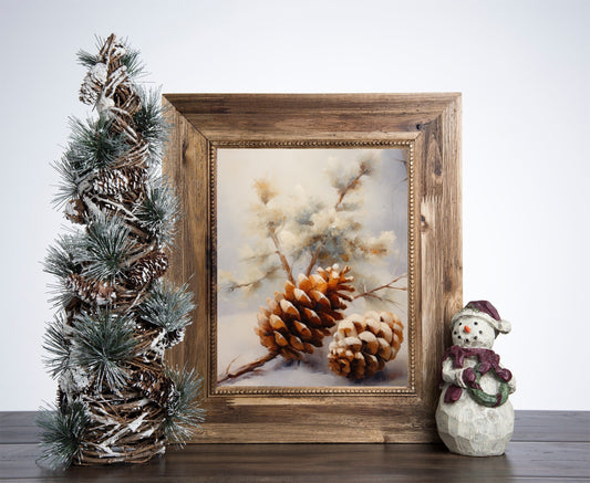 Pine Cones Christmas Poster, Christmas On A Snowy Day Art, Xmas Decor Poster, Vintage Xmas Holiday Art Print