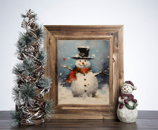 Snowman Standing In The Falling Snow Christmas Poster, Christmas Snowman Art, Xmas Decor Poster, Vintage Xmas Holiday Art Print