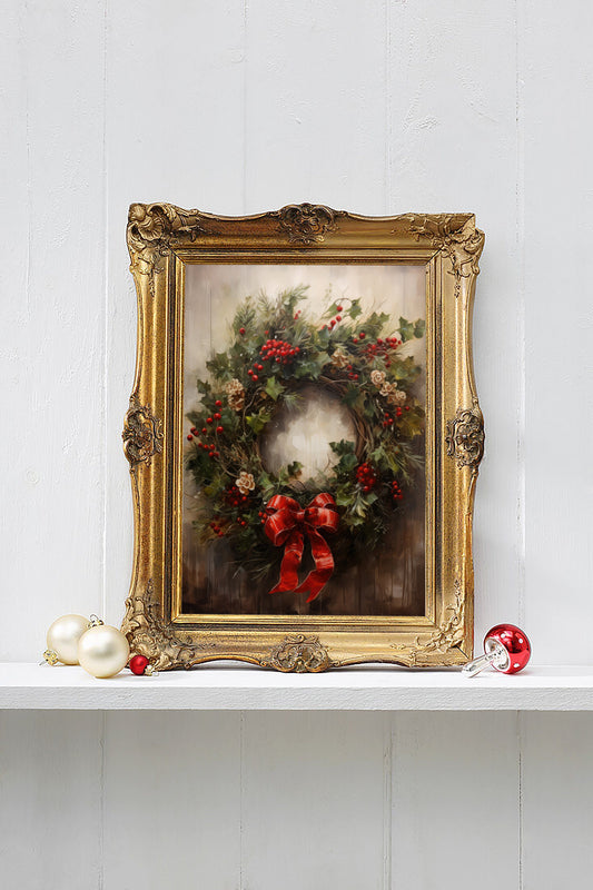 Wreath Christmas Poster, Christmas Wreath Art, Xmas Decor Poster, Vintage Xmas Holiday Art Print