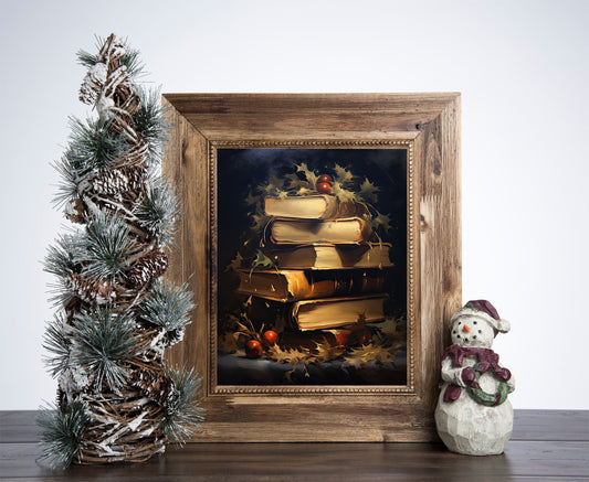 Books Art Poster, Christmas Books Art, Xmas Decor Poster, Vintage Xmas Holiday Art Print