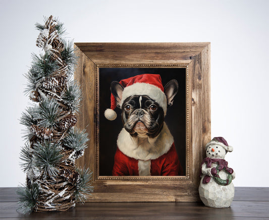 French Bulldog Dressed As Santa Claus Poster, Christmas French Bulldog Art, Xmas Decor Poster, Vintage Xmas Holiday Art Print