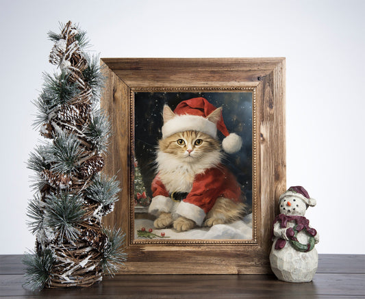 Santa Claus Cat Poster, Christmas Cat Art, Xmas Decor Poster, Vintage Xmas Holiday Art Print