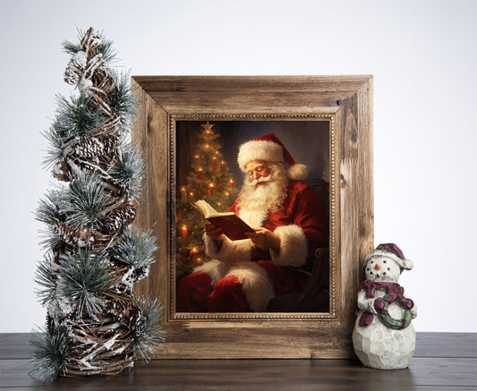 Santa Reading Book Poster, Christmas Santa Claus Art, Xmas Decor Poster, Vintage Xmas Holiday Art Print