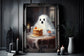 Cute Ghost Is Eating Cake Poster,Dark Romantic Ghost Is Eating Cake Room Creepy, Spooky Cute, Wall Art Halloween Poster