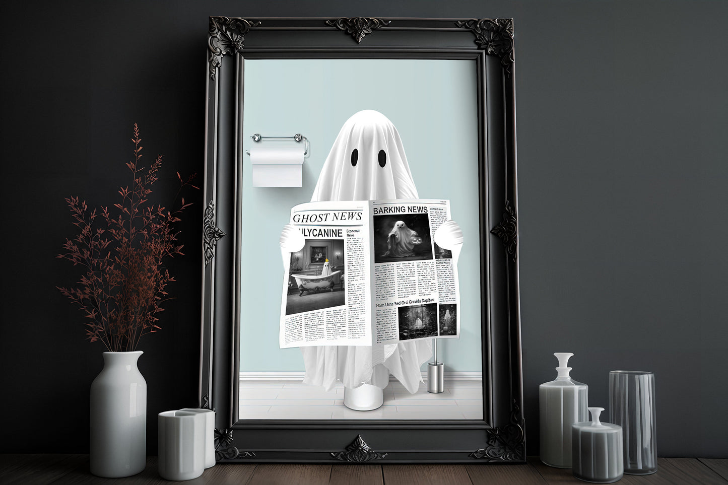 Ghost Goes To The Toilet To Read The Newspaper Poster, Dark Romantic Creepy, Horror Spooky Cute, Wall Art Halloween Poster