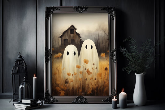 Cute Ghosts in Field Poster, Dark Ghosts in Field Romantic Creepy, Horror Spooky Cute, Wall Art Halloween Poster