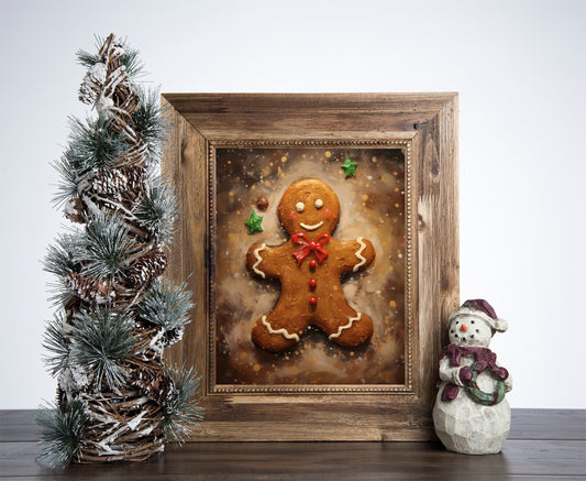 Cute Gingerbread Man Cookie Christmas Poster, Christmas Gingerbread Art, Xmas Decor Poster, Vintage Xmas Holiday Art Print