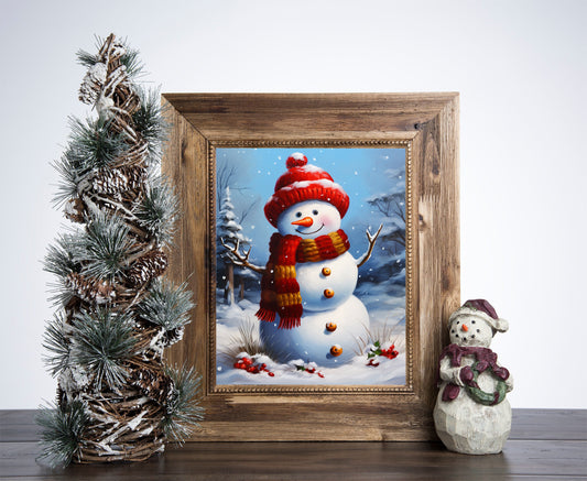 Cute Snowman Poster, Christmas Snowman Art, Xmas Decor Poster, Vintage Xmas Holiday Art Print