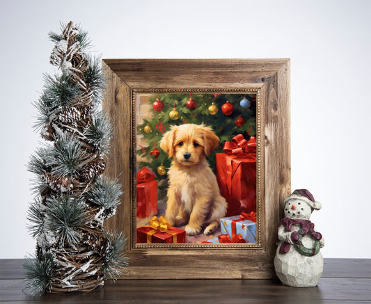 Puppy Christmas Poster, Christmas Dog Art, Xmas Decor Poster, Vintage Xmas Holiday Art Print