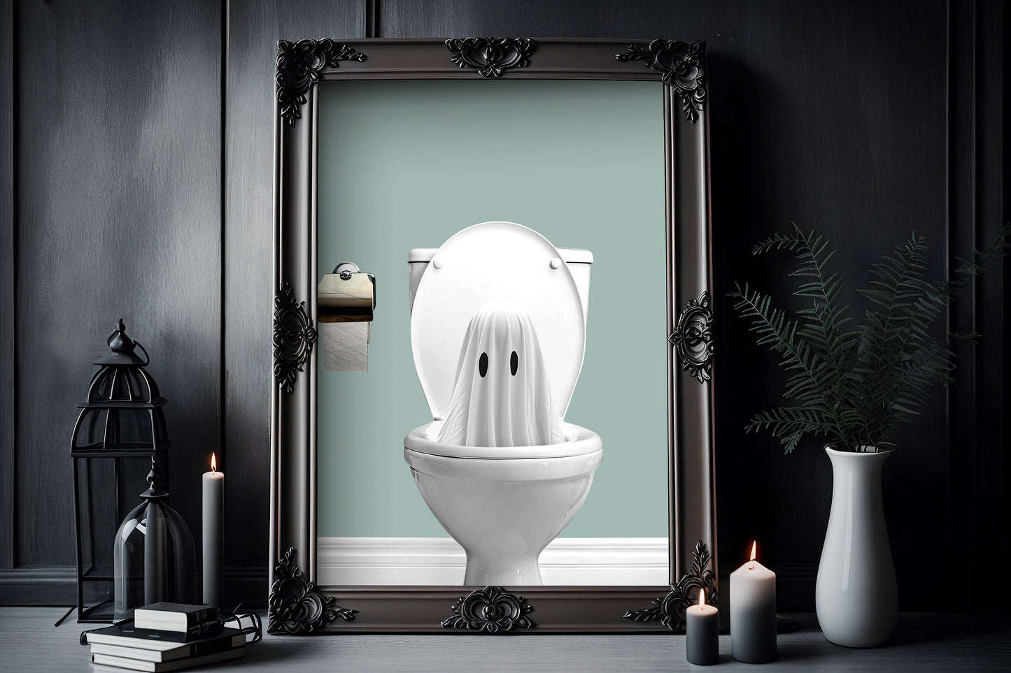 Ghost Bathroom Toilet Poster, Dark Romantic Ghost Standing in Bathroom Toilet Creepy,  Ghost in the Bath tub Alt Wall Art Halloween Poster 1