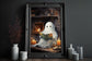 Cute Ghost Is Reading A Book By The Fireplace Poster, Dark Romantic Ghost Book Creepy, Horror Spooky Cute, Wall Art Halloween Poster