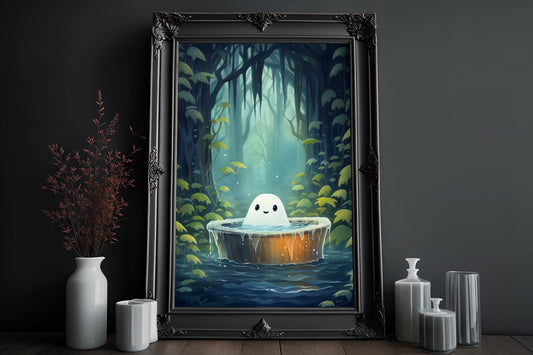 Ghost Cute In The Bathtub In The Forest Poster, Dark Romantic Ghost In The Forest Creepy, Horror Spooky Cute, Wall Art Halloween Poster