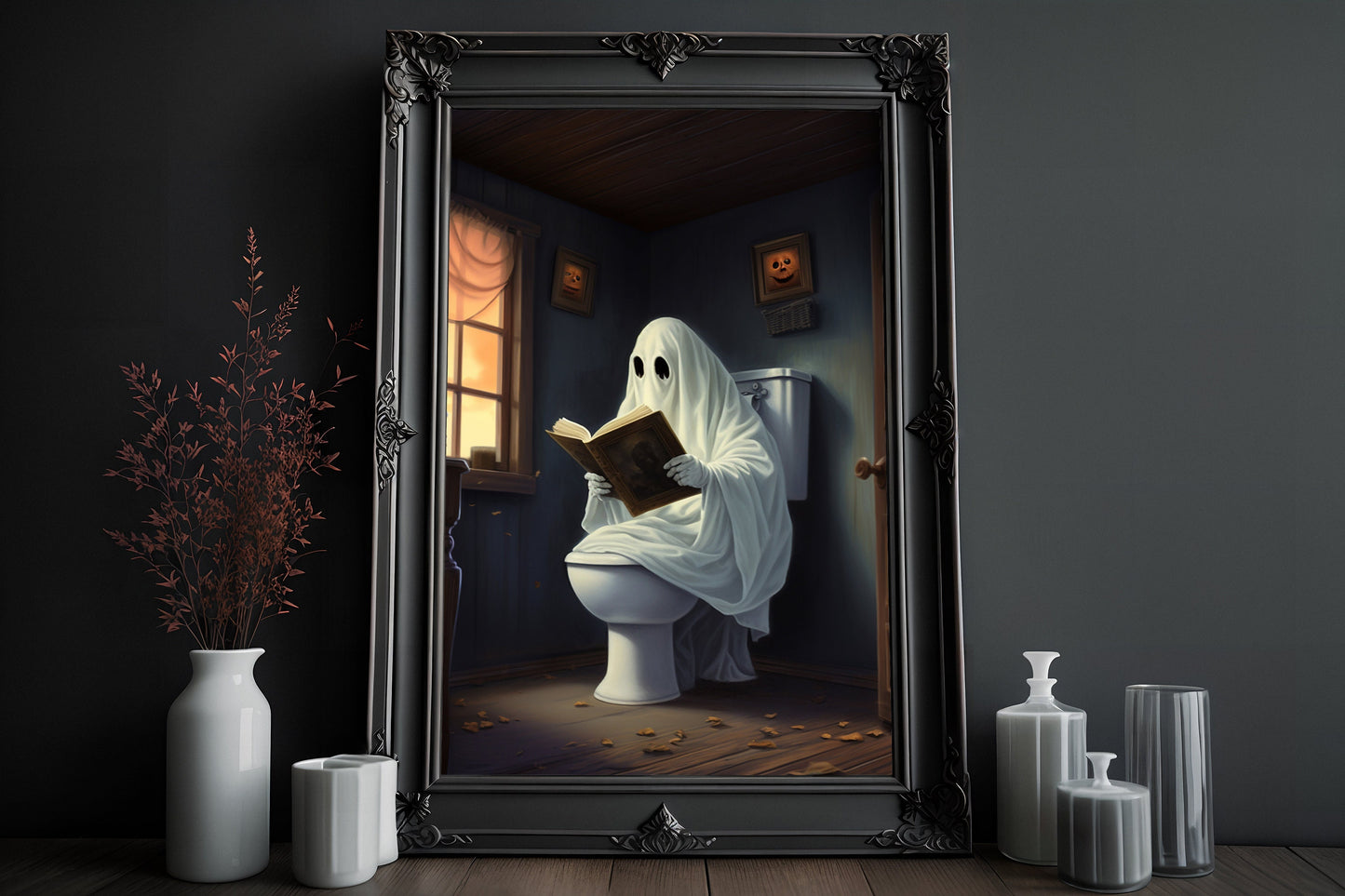 Ghost cute on Toilet Poster, Dark Romantic Ghost Toilet Creepy, Horror Spooky Cute, Wall Art Halloween Poster