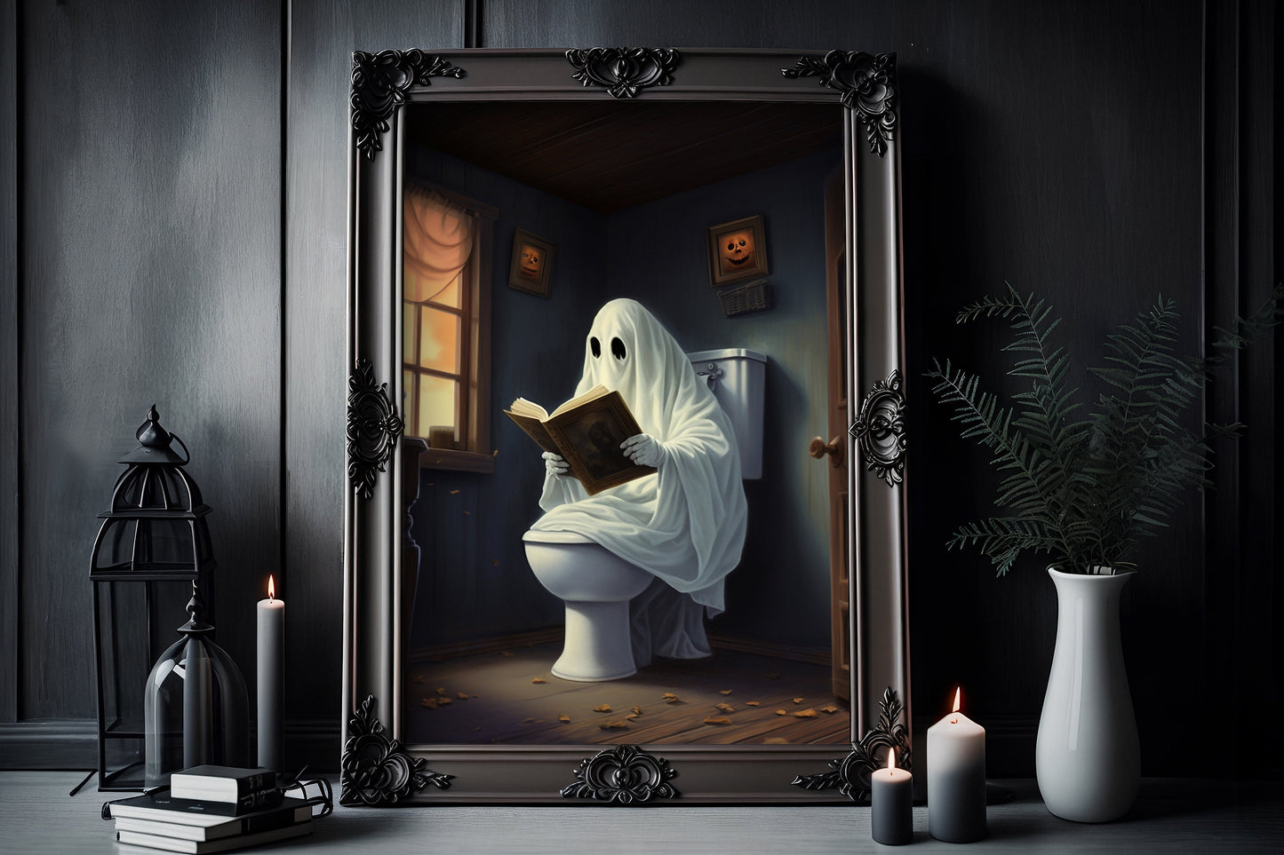 Ghost cute on Toilet Poster, Dark Romantic Ghost Toilet Creepy, Horror Spooky Cute, Wall Art Halloween Poster