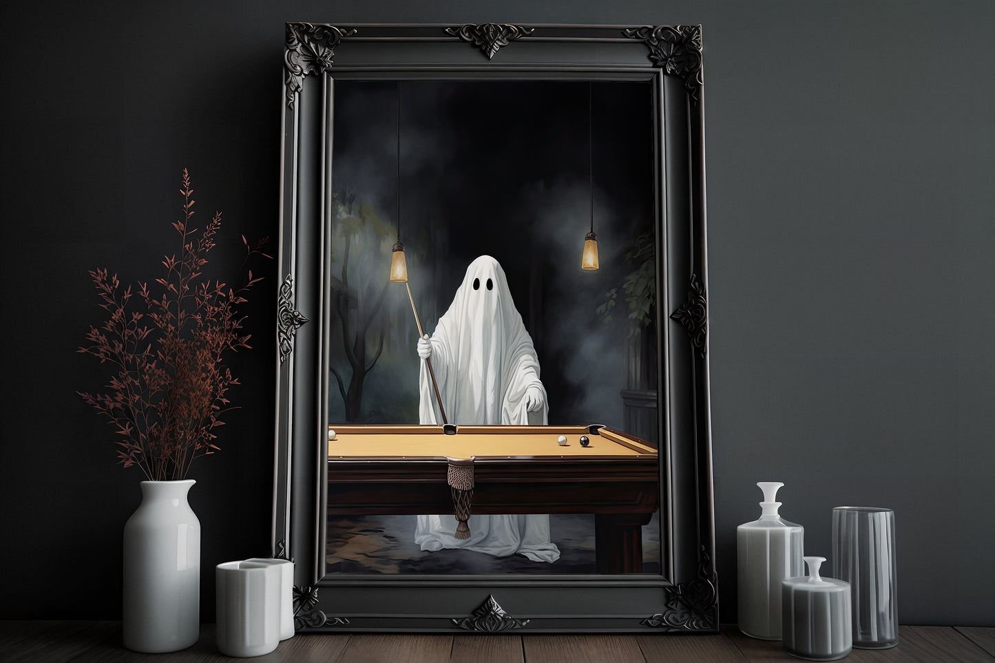 Ghost Playing Billiards Poster, Dark Romantic Ghost Standing Playing Billiards Creepy, Horror Spooky Cute, Wall Art Halloween Poster