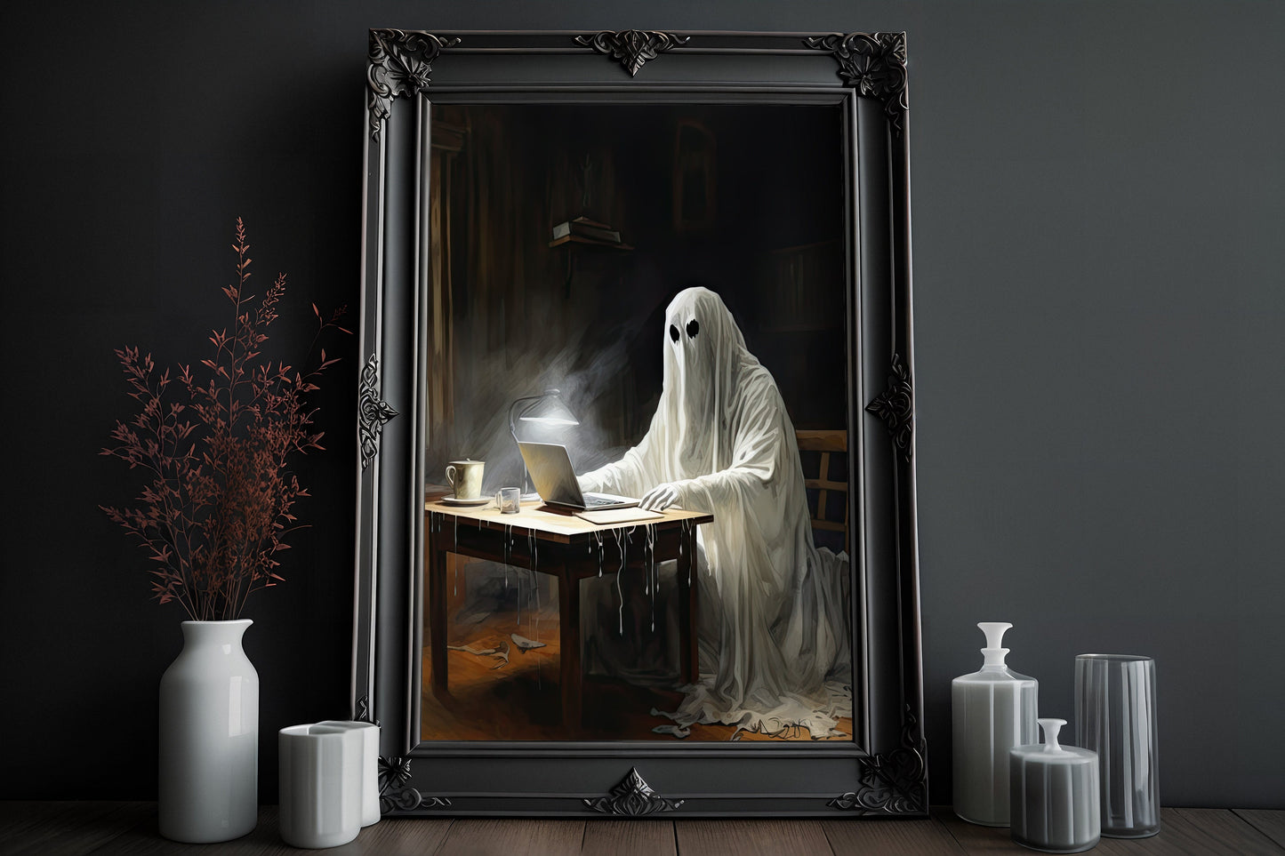 Working Ghost Poster, Dark Romantic Ghost Working Ghost Creepy, Horror Spooky Cute, Wall Art Halloween Poster