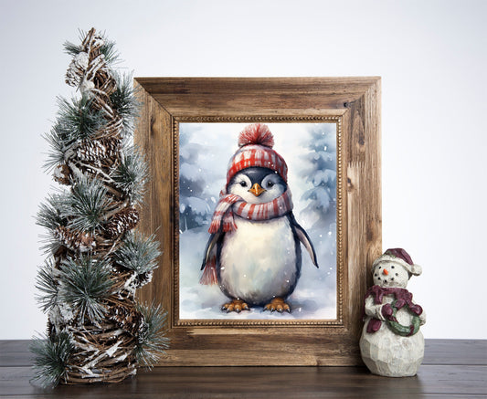 Christmas Penguin Cute Poster, Christmas Bunnies Art, Xmas Decor Poster, Vintage Xmas Holiday Art Print