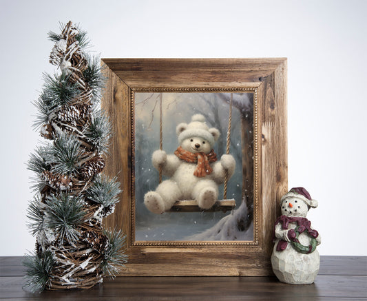 Swinging Cute Bear Snowman Poster, Christmas Bunnies Art, Xmas Decor Poster, Vintage Xmas Holiday Art Print