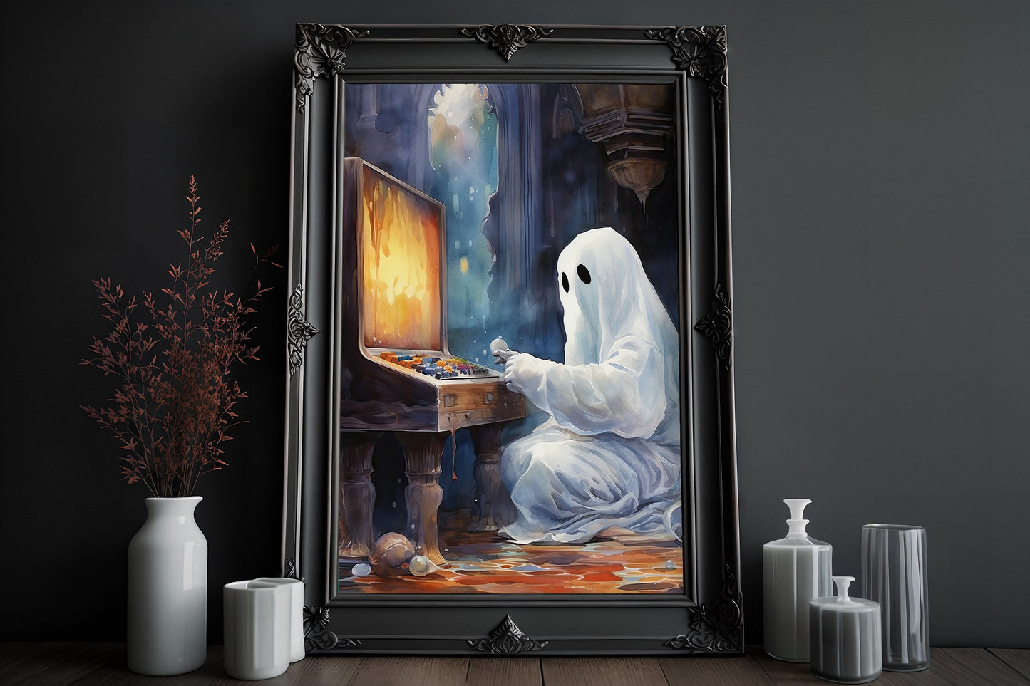 The Ghost Is Playing A Video Game Poster, Ghost Creepy, Dark Romantic, Horror Spooky Cute Wall Art Halloween Poster