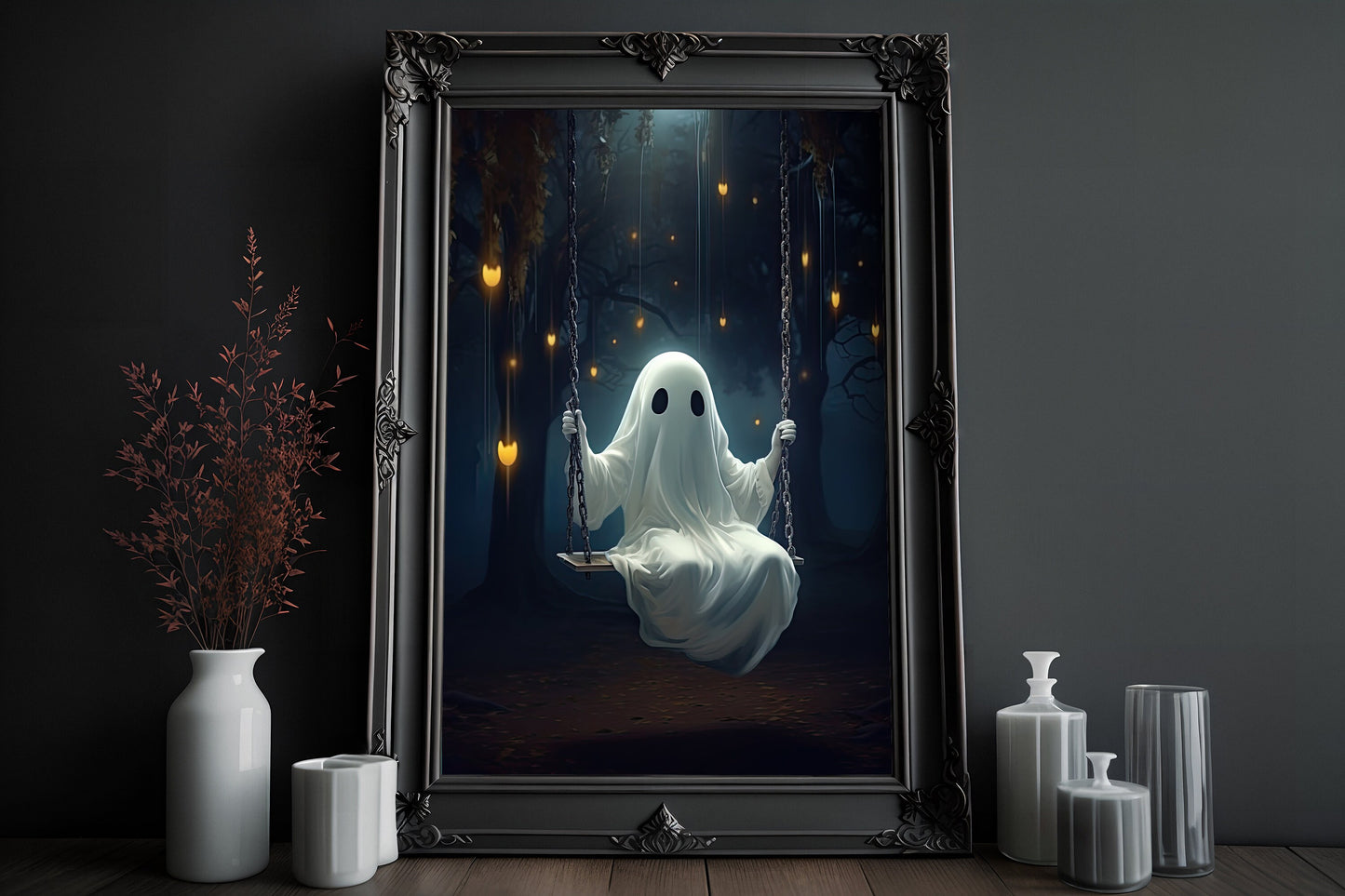 Ghost Cute On The Swing Poster, Dark Romantic Ghost On The Swing Creepy, Horror Spooky Cute, Wall Art Halloween Poster