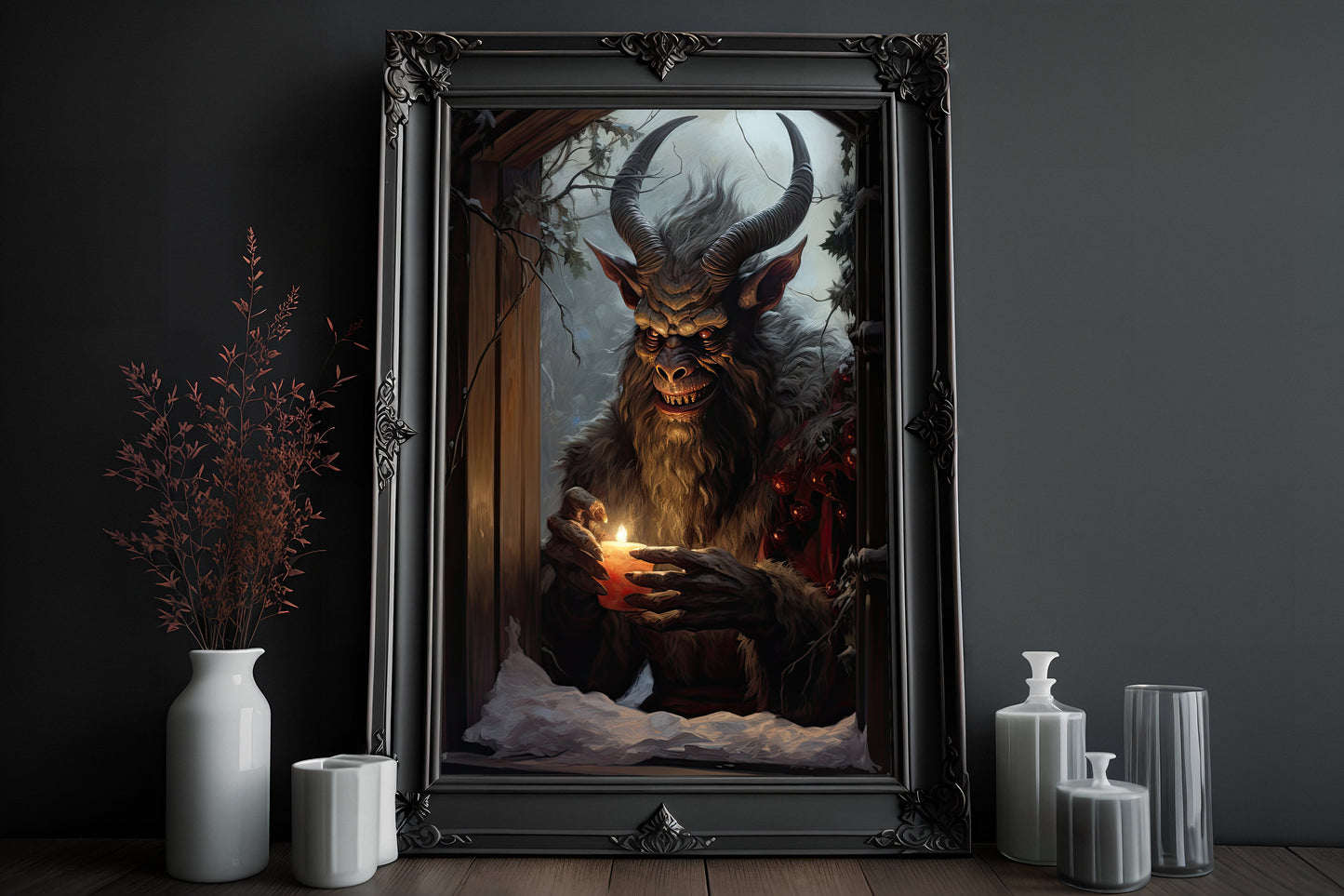 Krampus Christmas In The Window Poster, Dark Romantic Krampus Standing in the Window Creepy, Horror Spooky Cute, Wall Art Halloween Poster