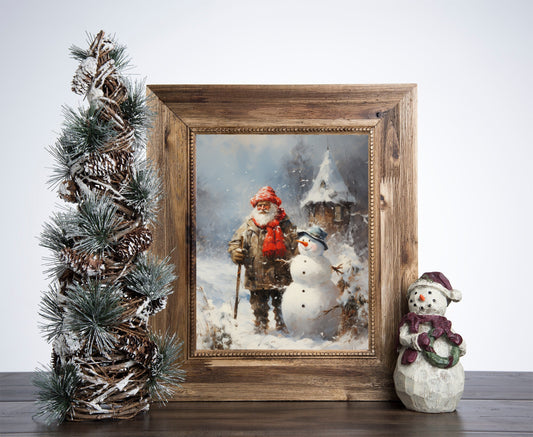 Santa Claus And Snowman Christmas Poster, Christmas Santa Is Standing With Art, Xmas Decor Poster, Vintage Xmas Holiday Art Print