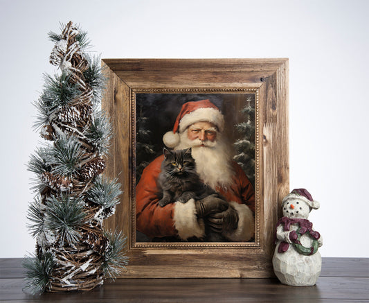 Santa Claus Hugs A Black Cat Poster, Christmas Santa Claus and Cat Art, Xmas Decor Poster, Vintage Xmas Holiday Art Print