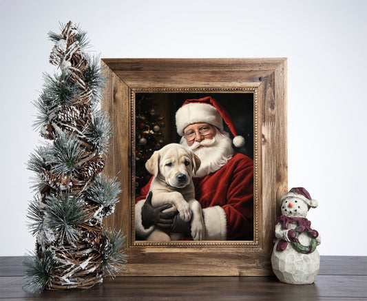 Santa Claus Is Holding A Labrador Retrievers Puppy Poster, Christmas Santa Claus Art, Xmas Decor Poster, Vintage Xmas Holiday Art Print