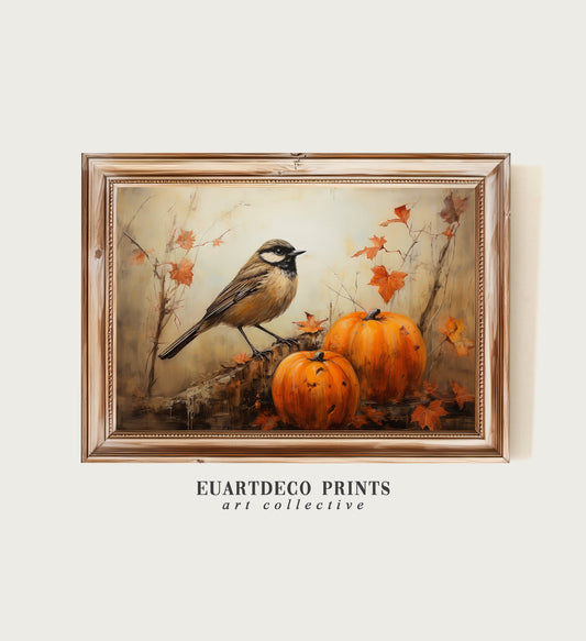 Pumpkin Bird Rustic Fall Poster, Vintage Autumn Holiday Poster, Vintage Autumn Canvas Oil Painting Dark Academia Wall Art Thanksgiving Decor