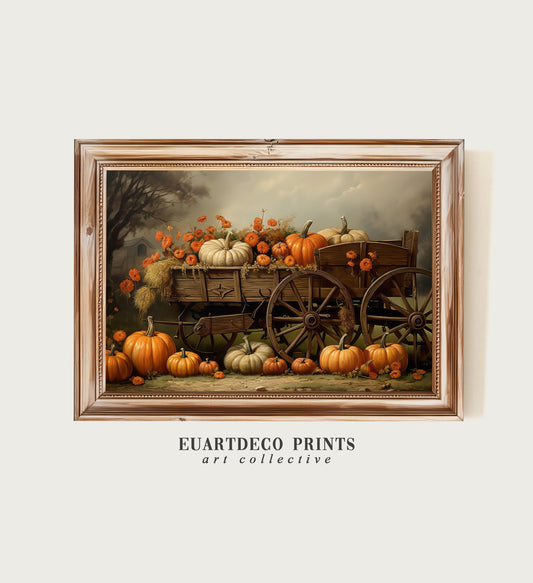 Pumpkin Wagon Poster, Vintage Autumn Holiday Poster, Vintage Autumn Canvas Oil Painting Dark Academia Wall Art Thanksgiving Decor