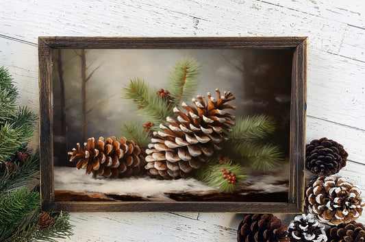 Christmas Pinecone Poster, Christmas Pinecone Art, Xmas Decor Poster, Vintage Xmas Holiday Art Print