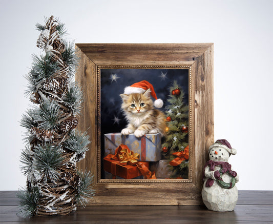 Kitten Christmas Poster, Christmas Cat Art, Xmas Decor Poster, Vintage Xmas Holiday Art Print