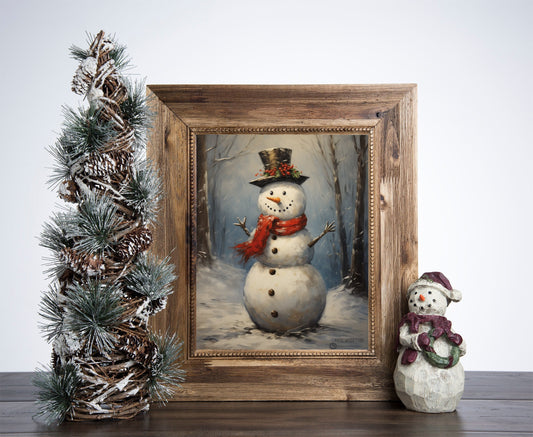 Snowman Christmas Poster, Christmas Snowman Art, Xmas Decor Poster, Vintage Xmas Holiday Art Print