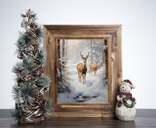 Snowy Forest Deer Poster, Christmas Deer Art, Xmas Decor Poster, Vintage Xmas Holiday Art Print