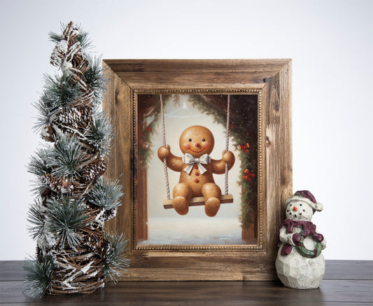 Swinging Cute Gingerbread Man Poster, Christmas Gingerbread Art, Xmas Decor Poster, Vintage Xmas Holiday Art Print