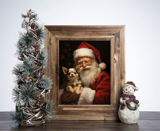 Santa Claus Is Holding A Chihuahua Dog Puppy Poster, Christmas Santa Claus Art, Xmas Decor Poster, Vintage Xmas Holiday Art Print